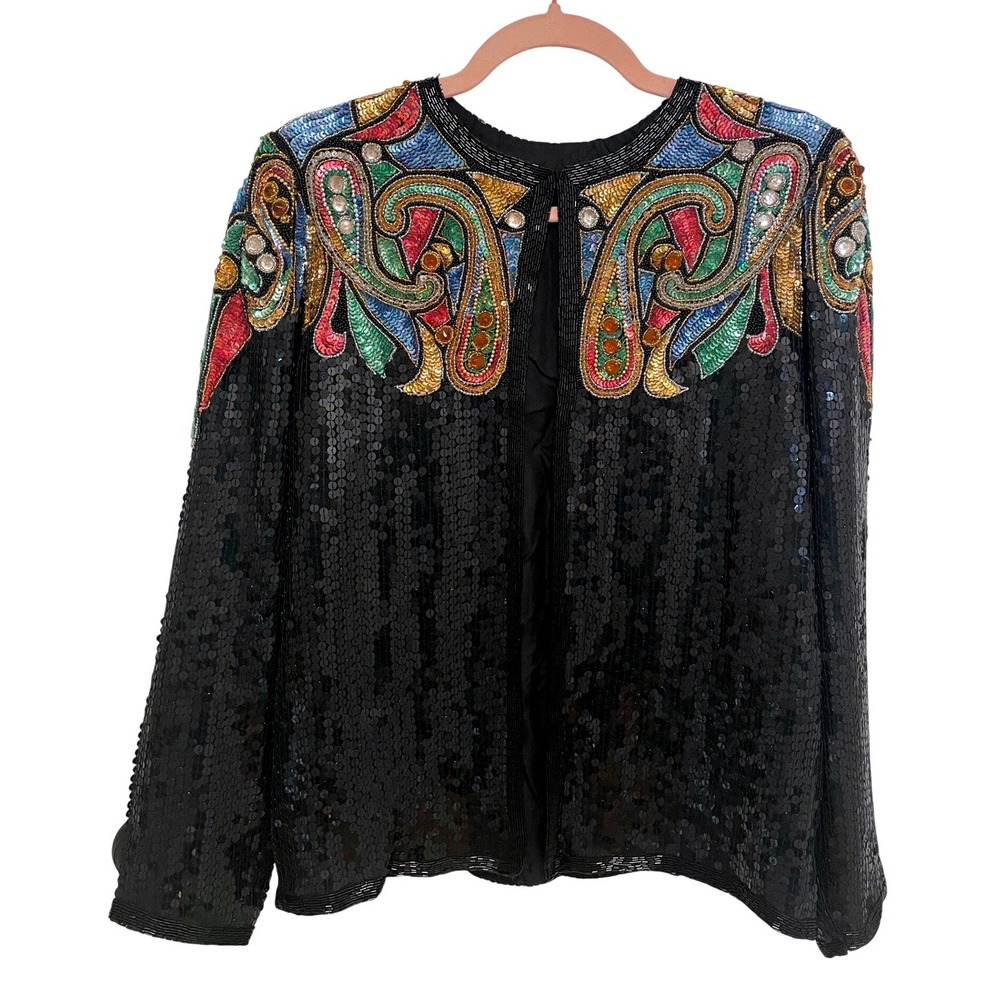Vintage Evening Jacket Black Sequin Beaded Paisley Multicolor Open Front M